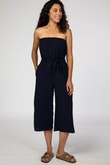 Navy Blue Strapless Wide Crop Leg Maternity Jumpsuit