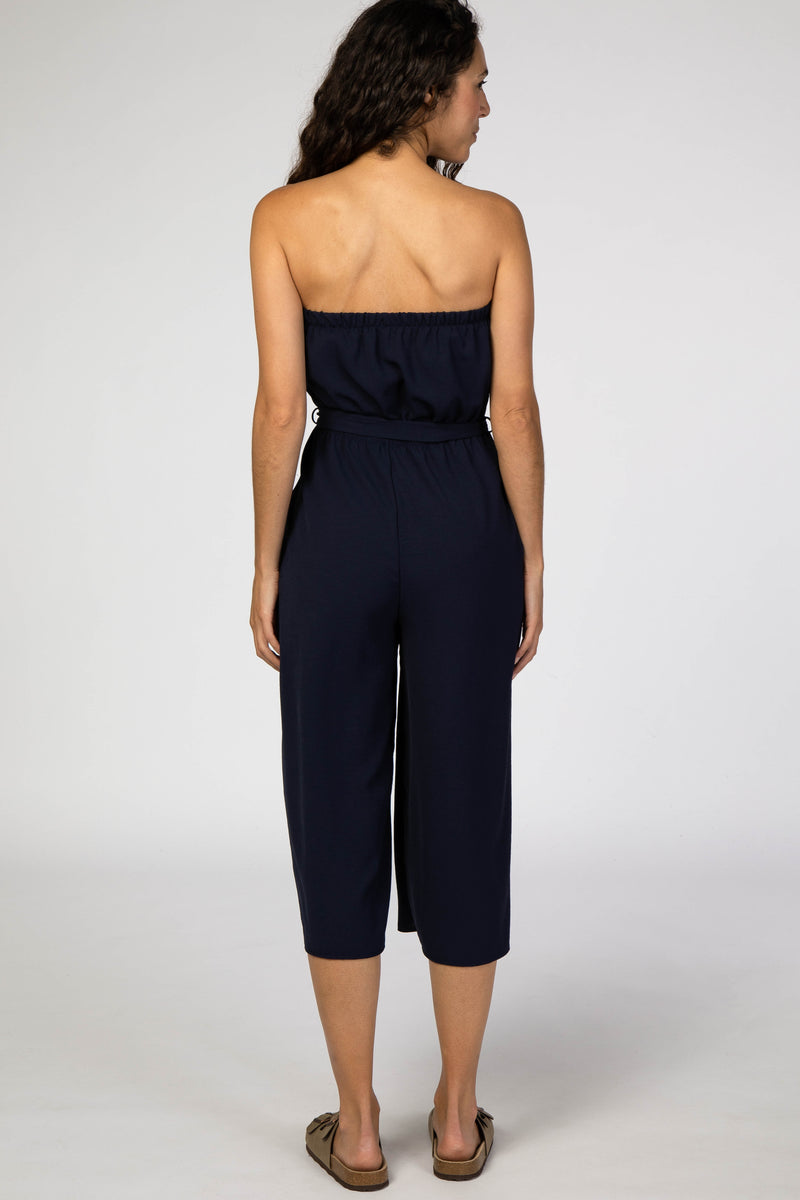 Navy Blue Strapless Wide Crop Leg Jumpsuit – PinkBlush