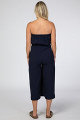 Navy Blue Strapless Wide Crop Leg Maternity Jumpsuit