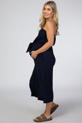 Navy Blue Strapless Wide Crop Leg Maternity Jumpsuit