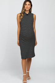 Black Striped Mock Neck Maternity Midi Dress