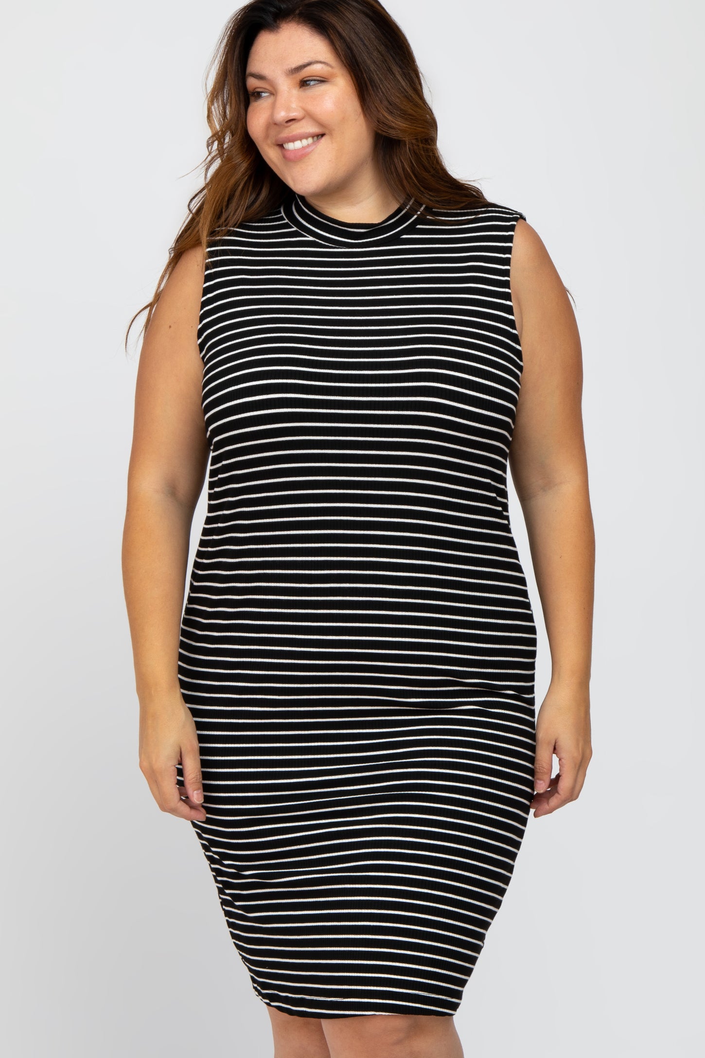 Black Striped Mock Neck Plus Midi Dress – PinkBlush