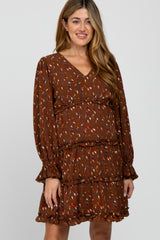 Brown Printed Ruffle Accent Maternity Dress