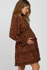 Brown Printed Ruffle Accent Maternity Dress