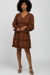 Brown Printed Ruffle Accent Maternity Dress