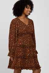 Brown Printed Ruffle Accent Dress