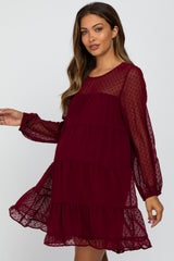 Burgundy Swiss Dot Tiered Maternity Dress