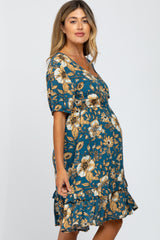 Teal Floral Ruffle Accent Maternity Dress