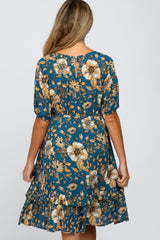 Teal Floral Ruffle Accent Maternity Dress