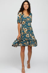 Teal Floral Ruffle Accent Maternity Dress