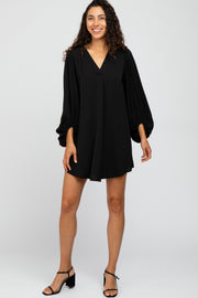 Black Solid Draped Bubble Sleeve Dress