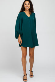 Forest Green Solid Draped Bubble Sleeve Dress