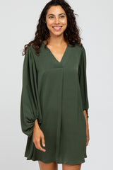 Olive Solid Draped Bubble Sleeve Dress