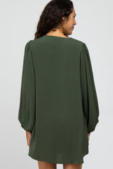 Olive Solid Draped Bubble Sleeve Dress