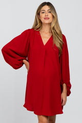 Red Solid Draped Bubble Sleeve Maternity Dress