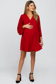 Red Solid Draped Bubble Sleeve Maternity Dress