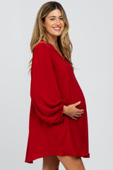 Red Solid Draped Bubble Sleeve Maternity Dress