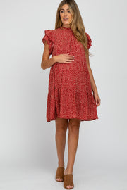 Red Printed Ruffle Accent Tiered Maternity Dress