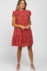 Red Printed Ruffle Accent Tiered Maternity Dress