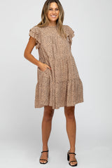 Taupe Printed Ruffle Accent Tiered Maternity Dress