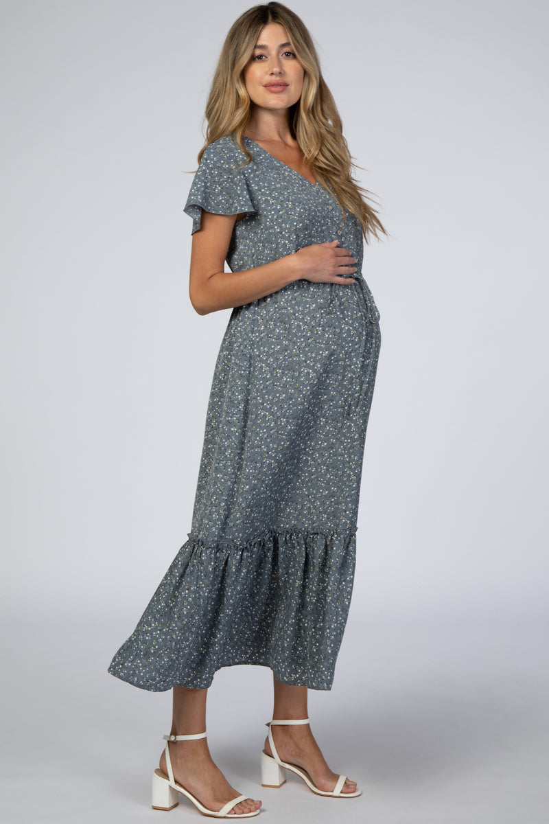 Dark Grey Printed Maternity Midi Dress– PinkBlush