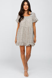 Ivory Printed Chiffon Square Neck Ruffle Trim Dress