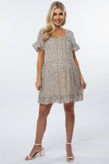 Ivory Printed Chiffon Square Neck Ruffle Trim Maternity Dress