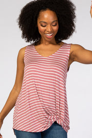 Mauve Striped Sleeveless Tie Front Top