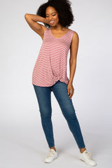 Mauve Striped Sleeveless Tie Front Top