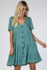 Teal Floral Button Down Tiered Dress