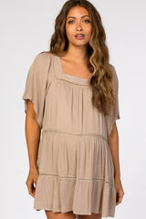 Taupe Crochet Inset Square Neck Maternity Dress