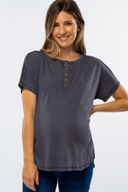 Dark Grey Ribbed Raw Seam Snap Button Maternity Top