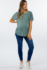 Teal Ribbed Raw Seam Snap Button Maternity Top