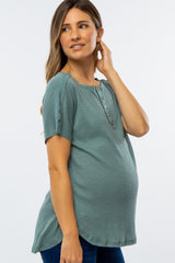 Teal Ribbed Raw Seam Snap Button Maternity Top