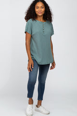 Teal Ribbed Raw Seam Snap Button Top