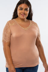 Peach Lace Sleeve V Neck Plus Top