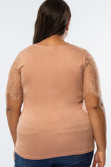 Peach Lace Sleeve V Neck Plus Top