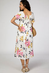 Ivory Floral Square Ruffle Neck Smocked Midi Dress