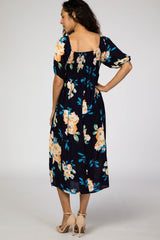 Navy Floral Square Ruffle Neck Smocked Midi Dress