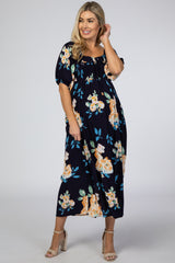 Navy Floral Square Ruffle Neck Smocked Maternity Midi Dress