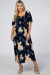 Navy Floral Square Ruffle Neck Smocked Maternity Midi Dress