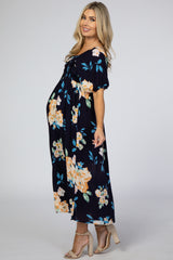 Navy Floral Square Ruffle Neck Smocked Maternity Midi Dress