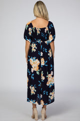 Navy Floral Square Ruffle Neck Smocked Maternity Midi Dress