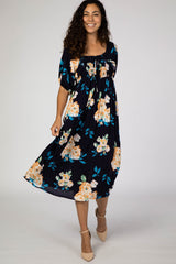 Navy Floral Square Ruffle Neck Smocked Maternity Midi Dress