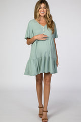 Mint Green Button Front Tiered Maternity Dress