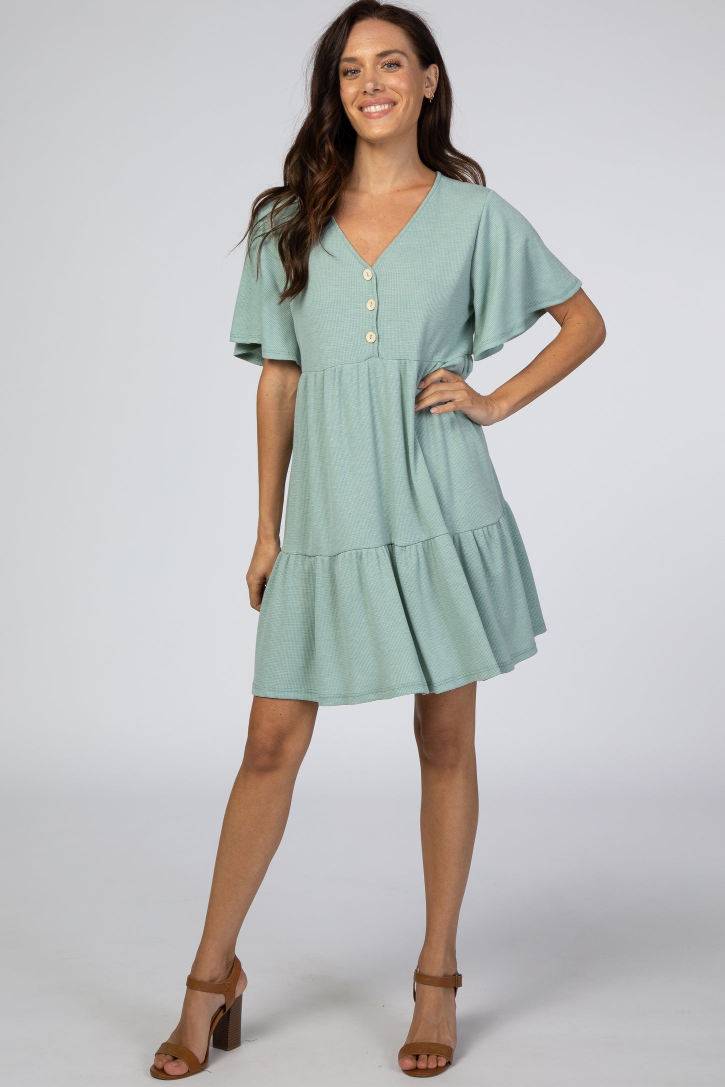 Mint Green Button Front Tiered Maternity Dress– PinkBlush