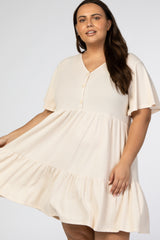 Cream Button Front Tiered Plus Dress