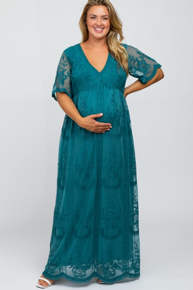 Teal Lace Mesh Overlay Maternity Plus Maxi Dress – PinkBlush