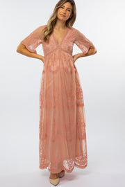 Pink Lace Mesh Overlay Maternity Maxi Dress