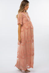 Pink Lace Mesh Overlay Maternity Maxi Dress